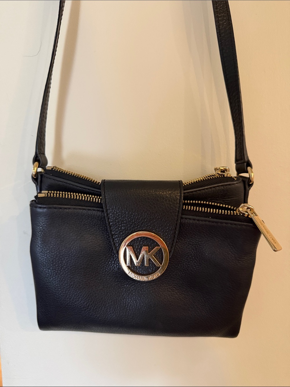 Michael Kors Black Leather Crossbody with Gold MK Logo and built in wallet